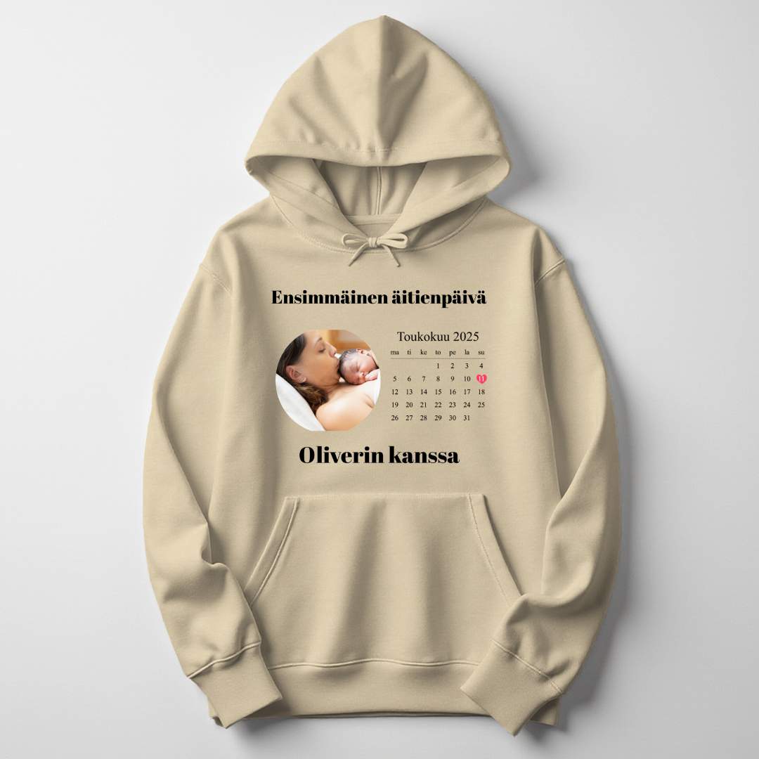 Huppari kuvalla, tekstillä ja päivämäärällä