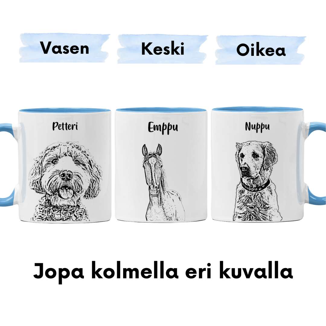 Muki piirroskuvalla ja tekstillä